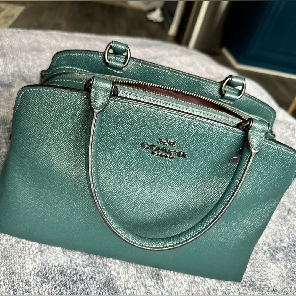Coach Lillie Carryall Forest Crossgrain Leather Satchel Shoulder Bag - Olive